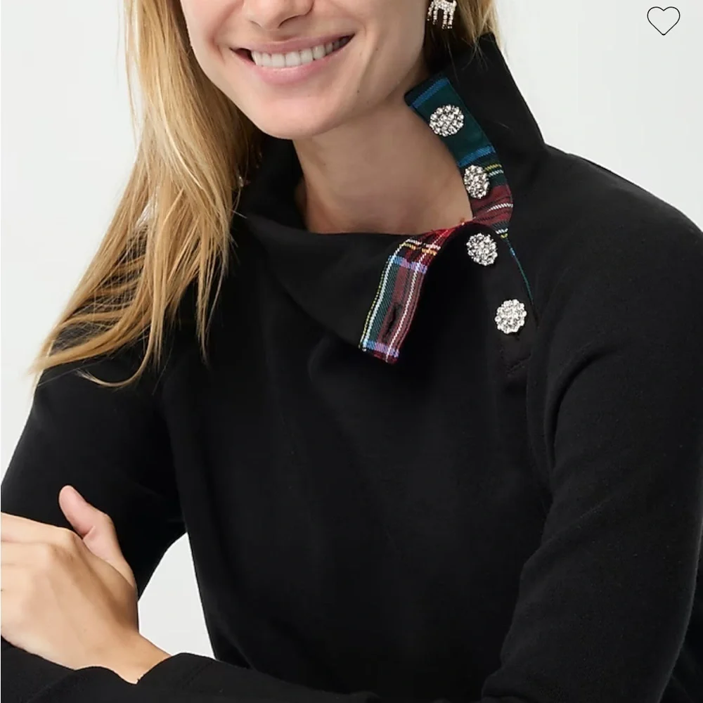 J crew Tartan wide jeweled button-neck pullover sweatshirt